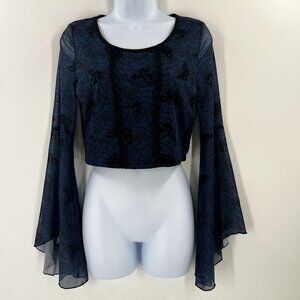ROMWE L Tim Burton Corpse Bride Moth Mesh Crop Top Bell Sleeve Gothcore